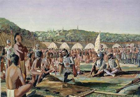 Jacques Cartier rencontre encore Donnacona, chef des Iroquois et père de Domagaya et Taignoagny qui le salue par les mots 'Kanata' ou 'Cantha', ce qui veut dire groupement de huttes. C'est le premier usage attesté du nom Kanata qui deviendra Canada