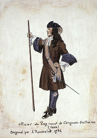 Officier du Régiment de Carignan-Salières, 1666. Original par Lucien Rousselot en 1931. Robert Rosewarne. BAC, MIKAN 2837773, 2896020,